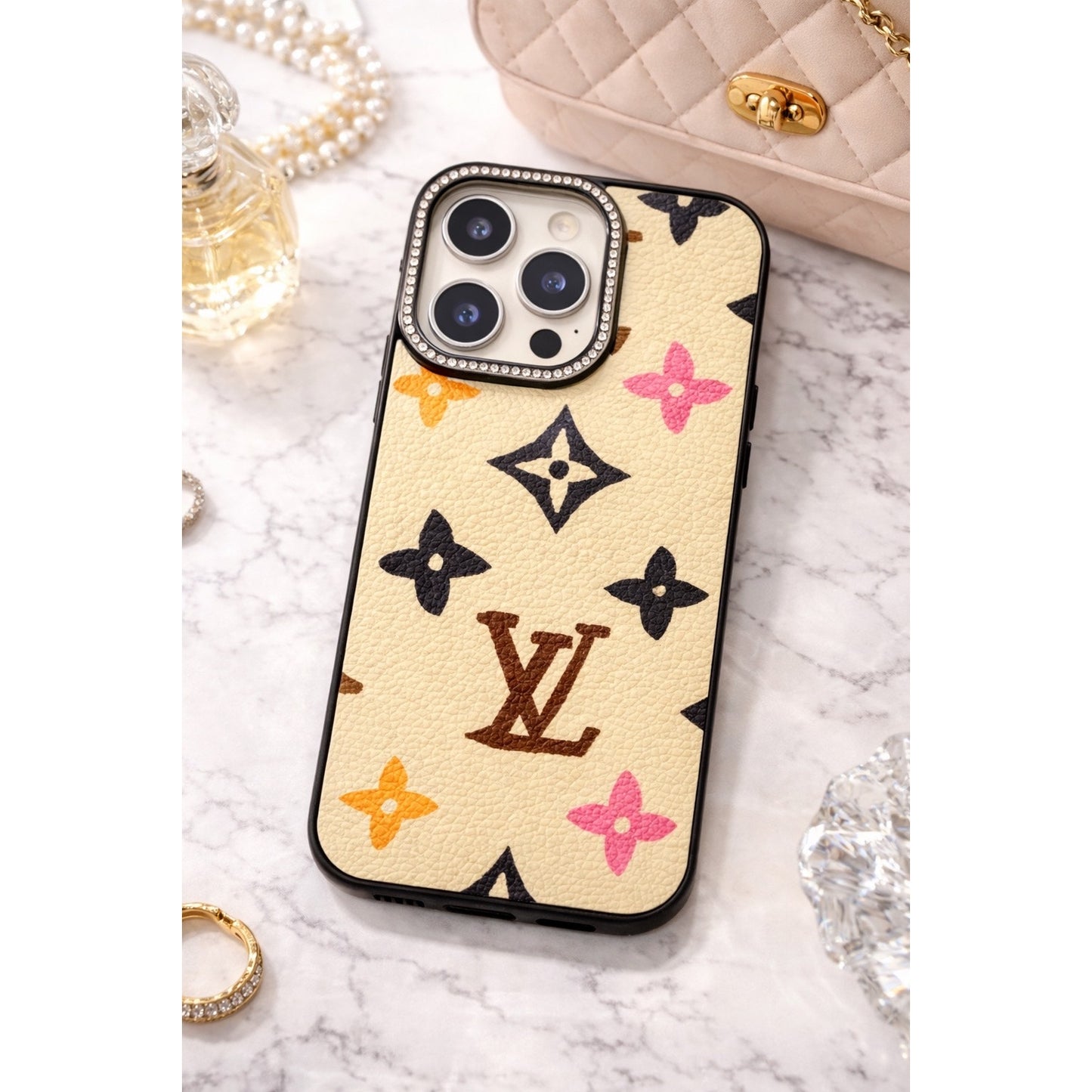 Graffiti iPhone Case with Gold Details & Rhinestone Camera Frame