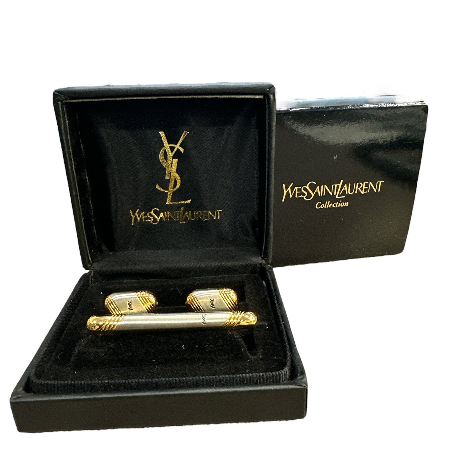 Yves Saint Laurent Vintage Two-Tone Logo Cufflink and Tie Pin Set - Clairely Amazing