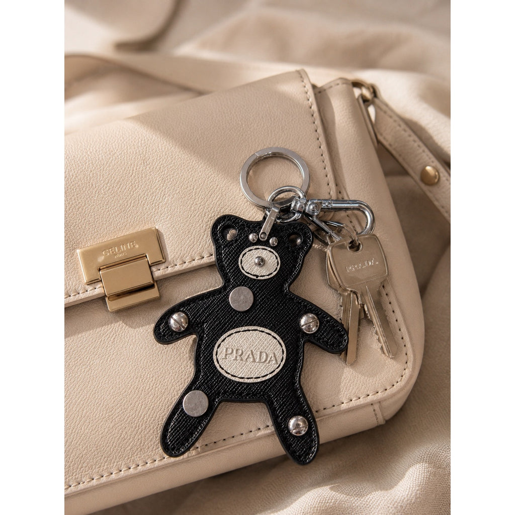 Authentic Prada Saffiano Leather Teddy Bear Bag Charm / Key Ring – Black & White