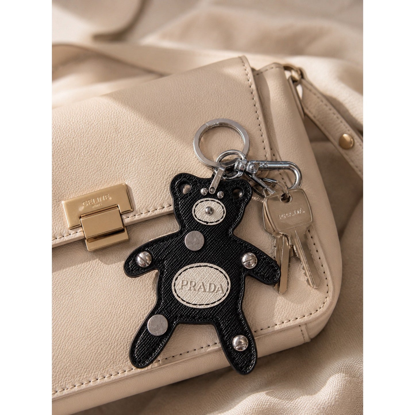 Authentic Prada Saffiano Leather Teddy Bear Bag Charm / Key Ring – Black & White