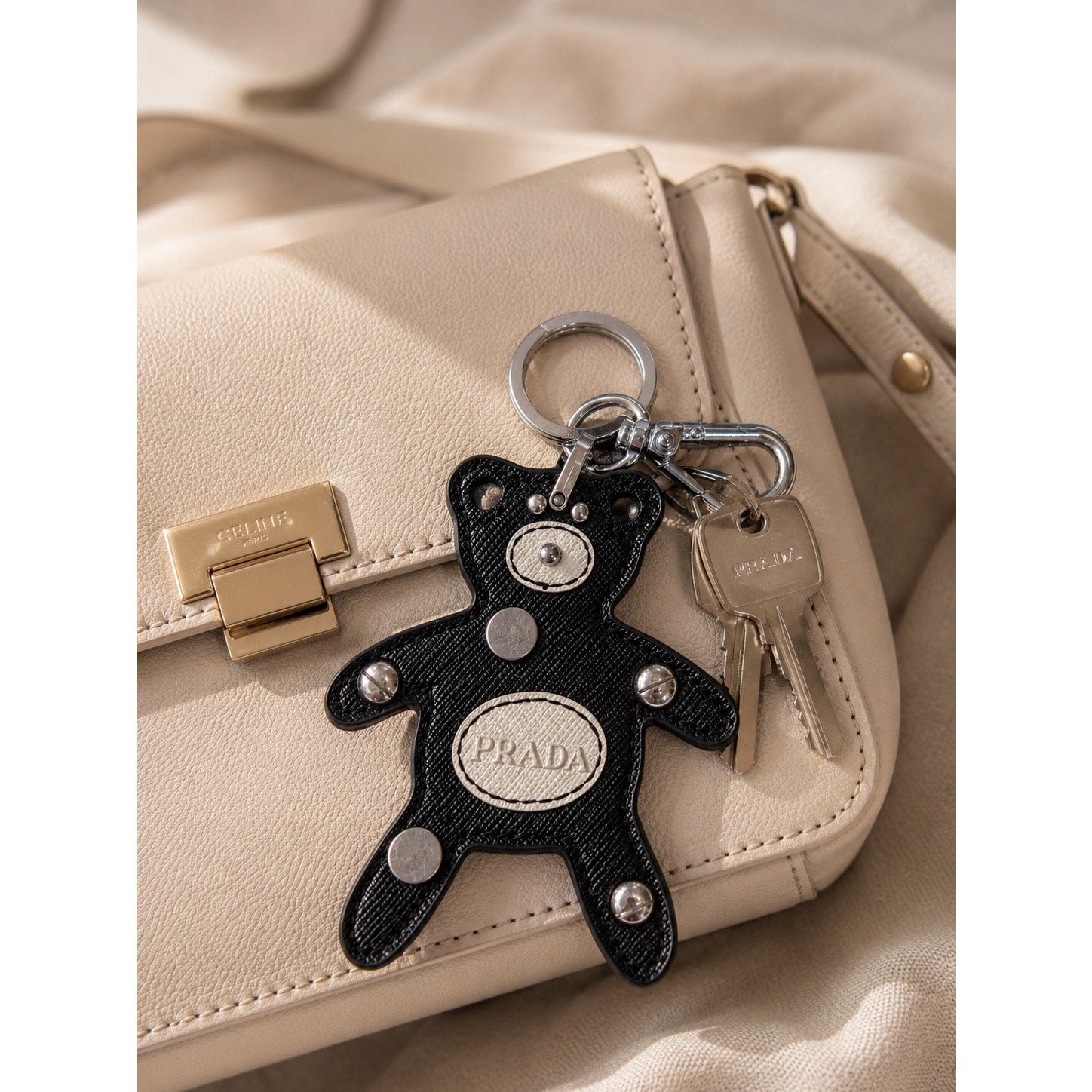 Authentic Prada Saffiano Leather Teddy Bear Bag Charm / Key Ring – Black & White