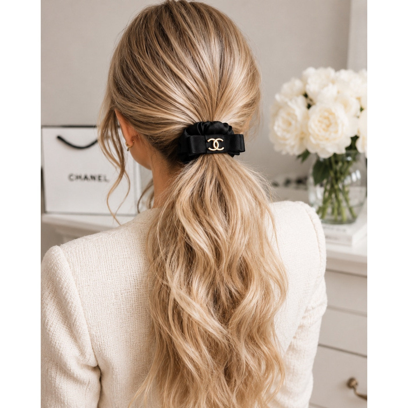 Chanel Beauté Bow Scrunchie Hair Accessory – Black Satin & Gold CC GWP