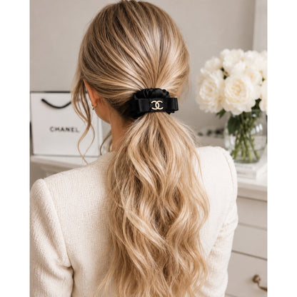 Chanel Beauté Bow Scrunchie Hair Accessory – Black Satin & Gold CC GWP