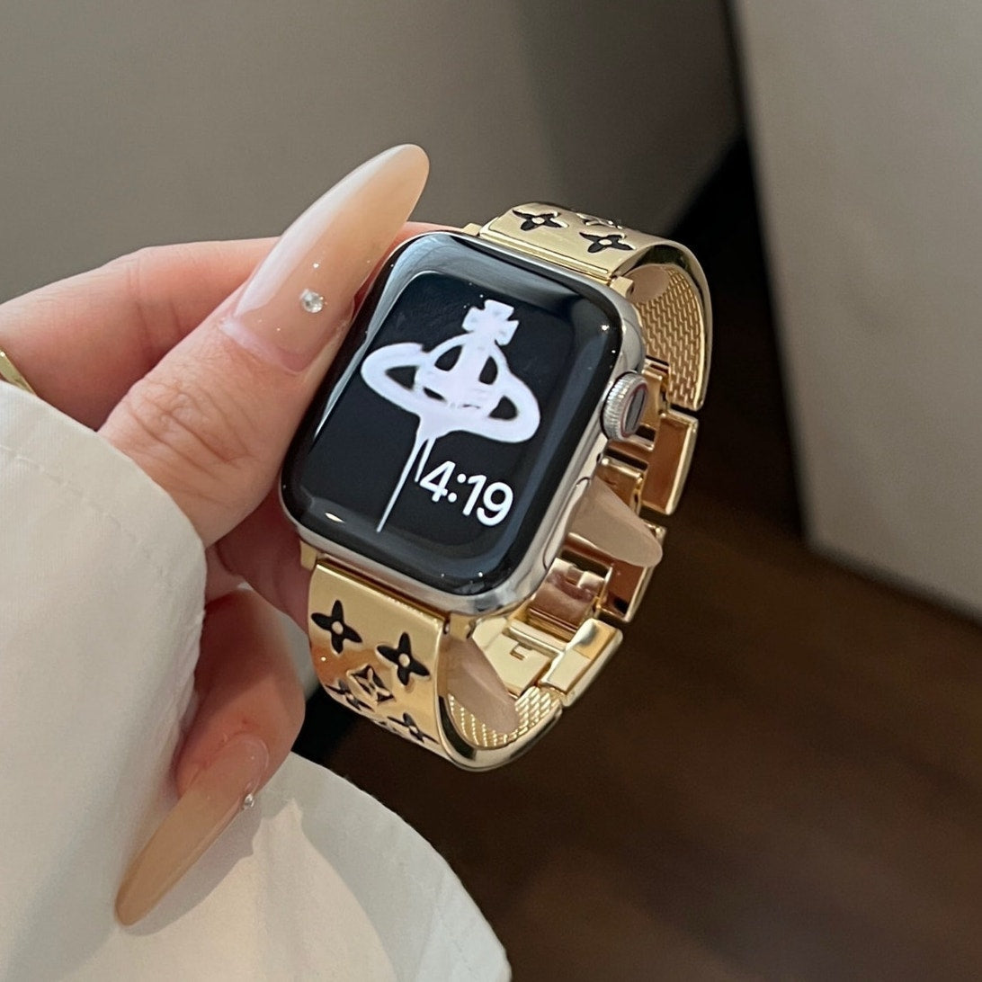 Premium Stainless Steel Floral-Pattern Link Watch Band – Gold or Silver