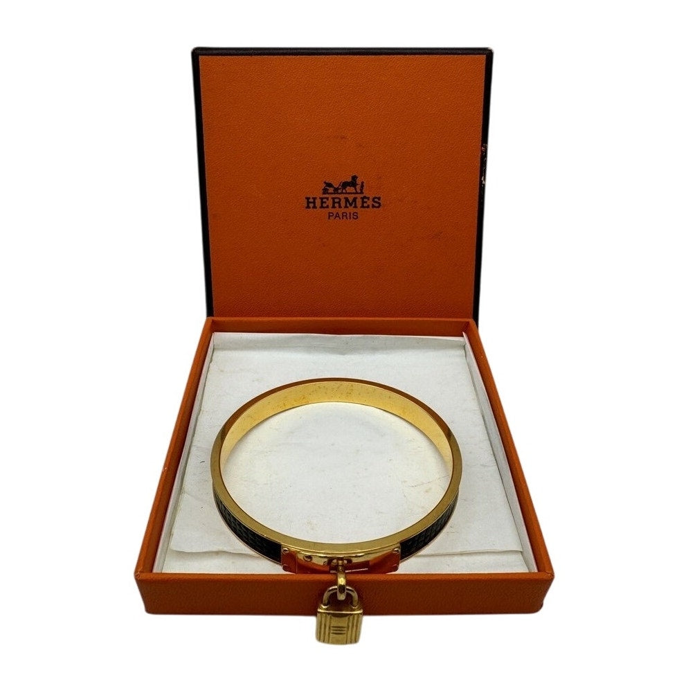 Hermes Lizard Kelly Lock Black & Gold Bangle