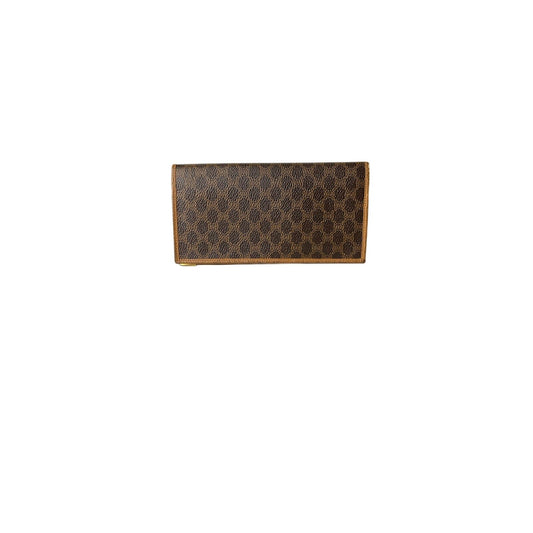 Rectangular brown leather wallet with a pattern on a white background