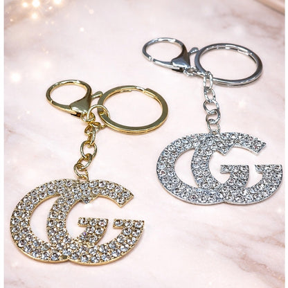 Rhinestone Double G Style Keychain – Gold or Silver Tone | Sparkly Charm Accessory