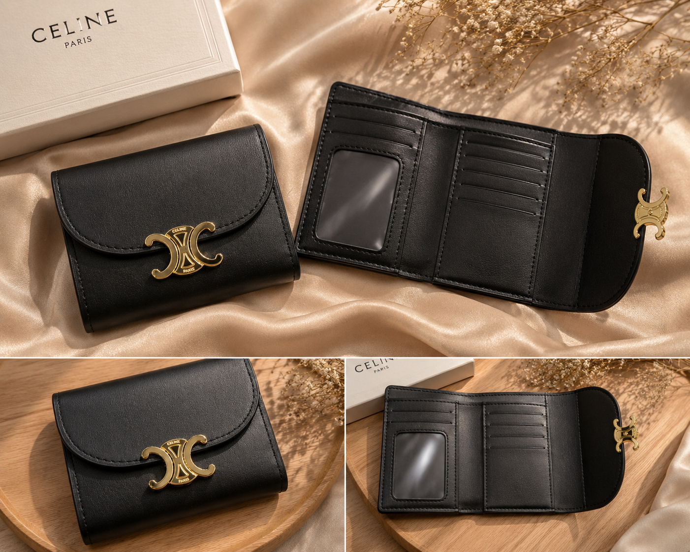 Designer-Inspired Triomphe Compact Wallet – Black with Gold Hardware