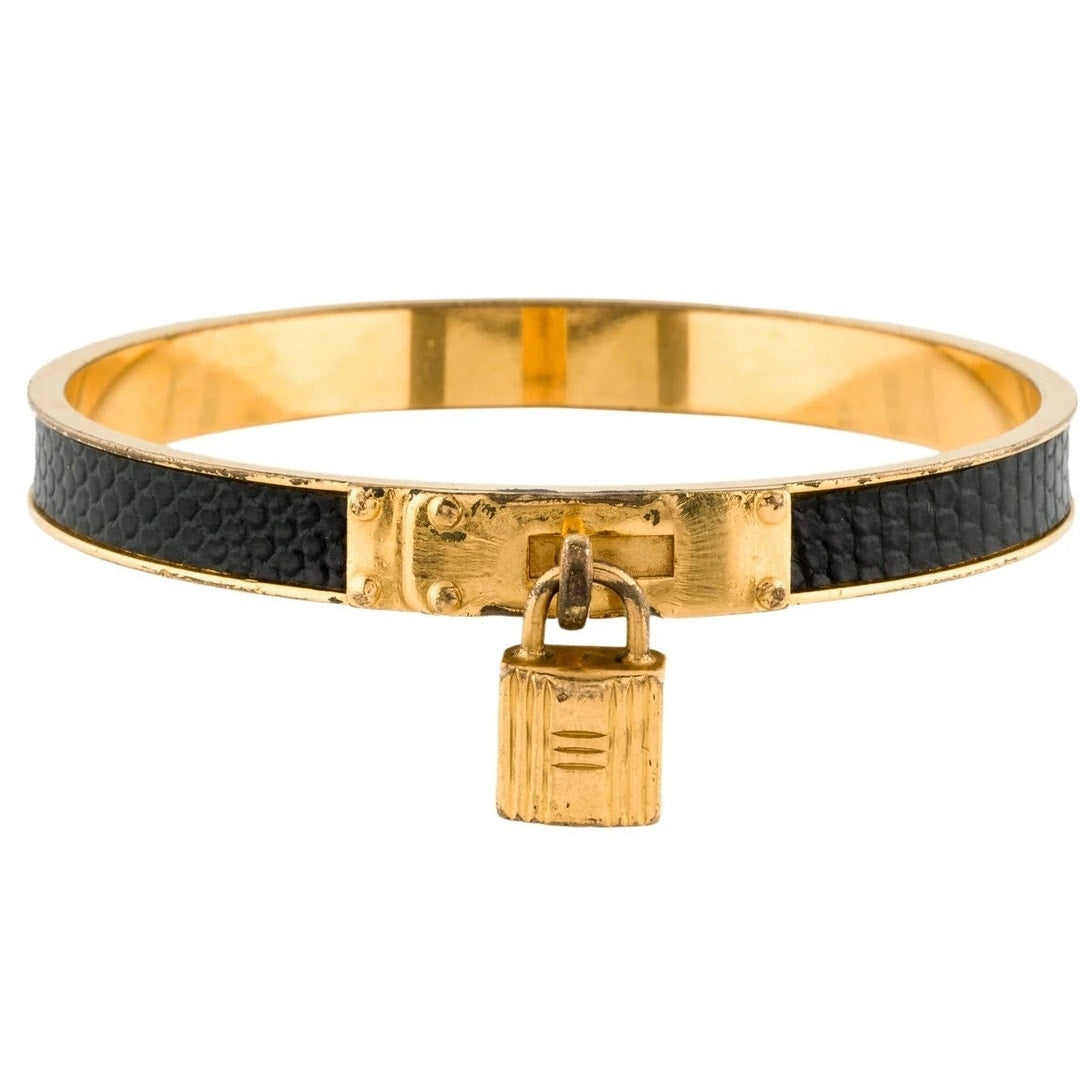 Hermes Lizard Kelly Lock Black & Gold Bangle