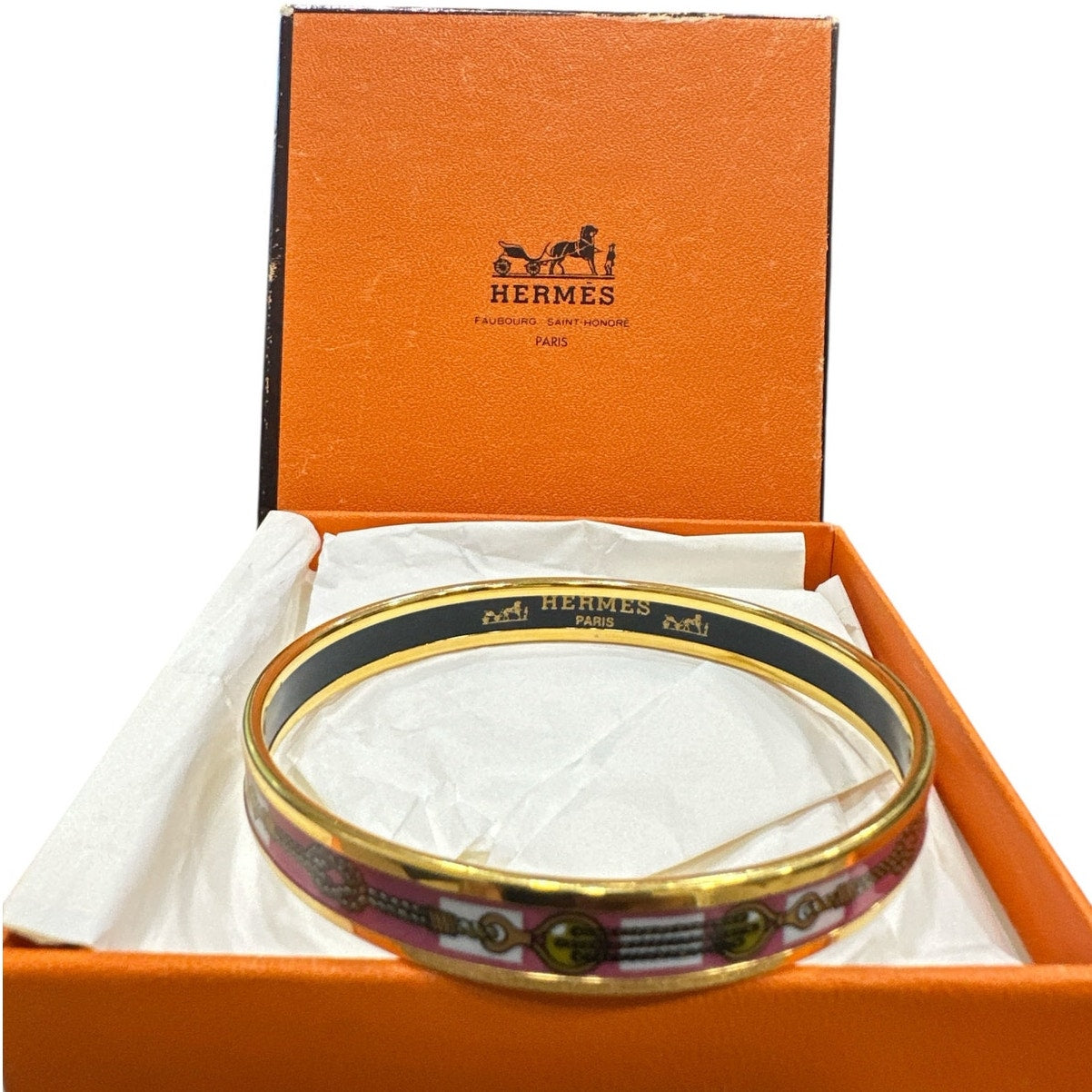 Hermes Paris Pink Enamel Gold Bangle Bracelet with Box