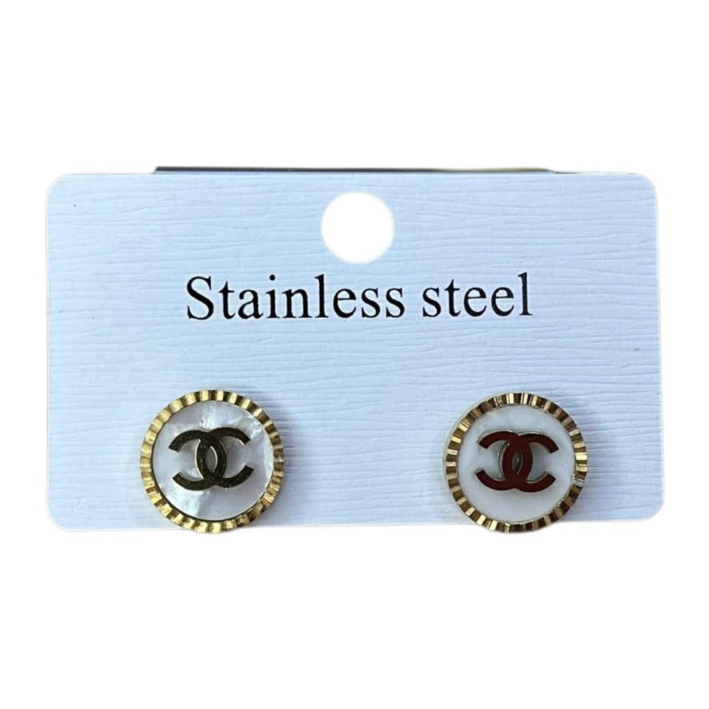 Round Double C Style Stud Earrings – Gold & Pearl Look