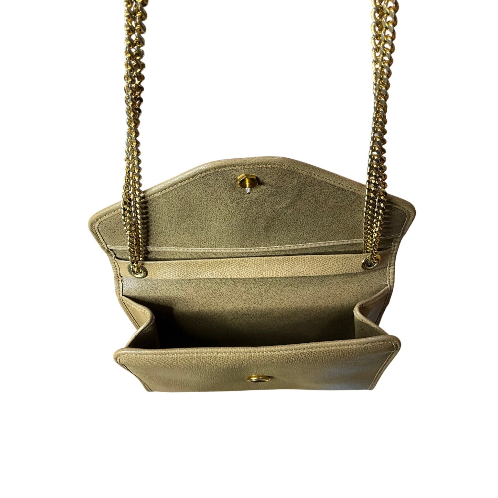 Beige handbag with gold chain strap on a white background