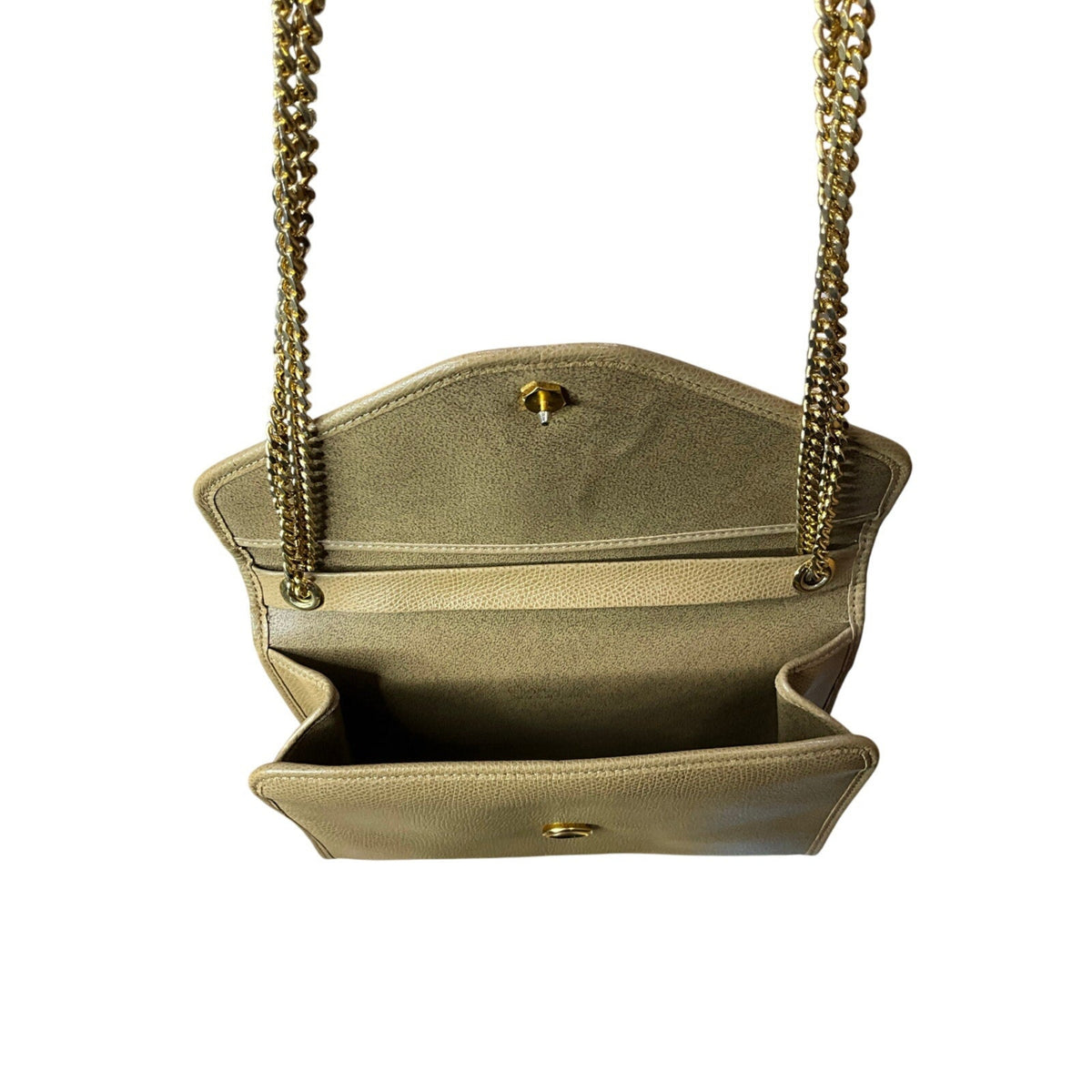 Beige handbag with gold chain strap on a white background
