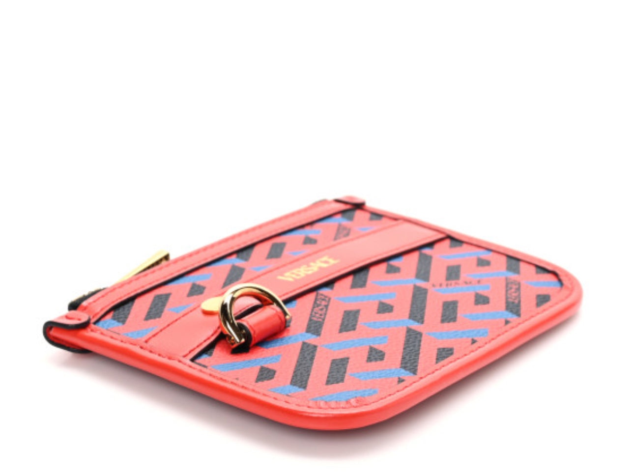 VERSACE 
Coated Canvas Calfskin La Greca Modular Zip Pouch Blue Red - Clairely Amazing