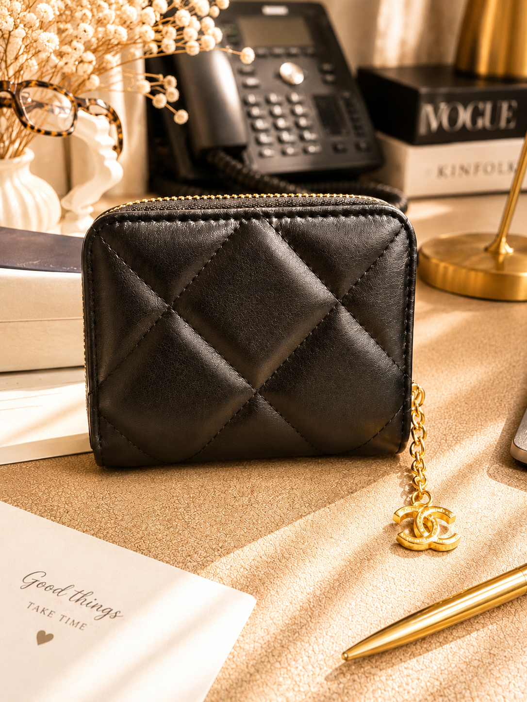 Fashion Luxury-Inspired Quilted Compact Zip Wallet with Gift Box