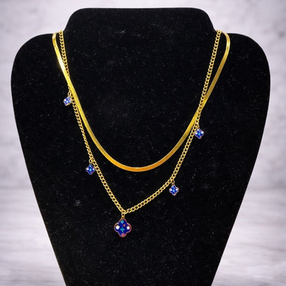 Layered Gold Chain Necklace with Blue Enamel Charm