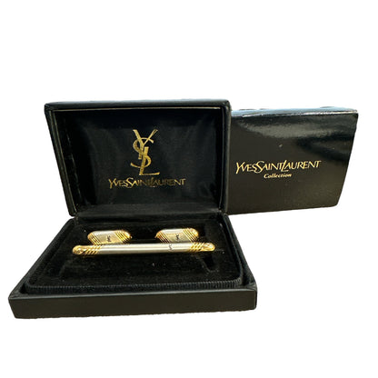 Yves Saint Laurent Vintage Two-Tone Logo Cufflink and Tie Pin Set - Clairely Amazing
