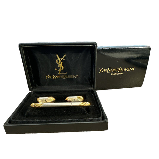 Yves Saint Laurent Vintage Two-Tone Logo Cufflink and Tie Pin Set - Clairely Amazing