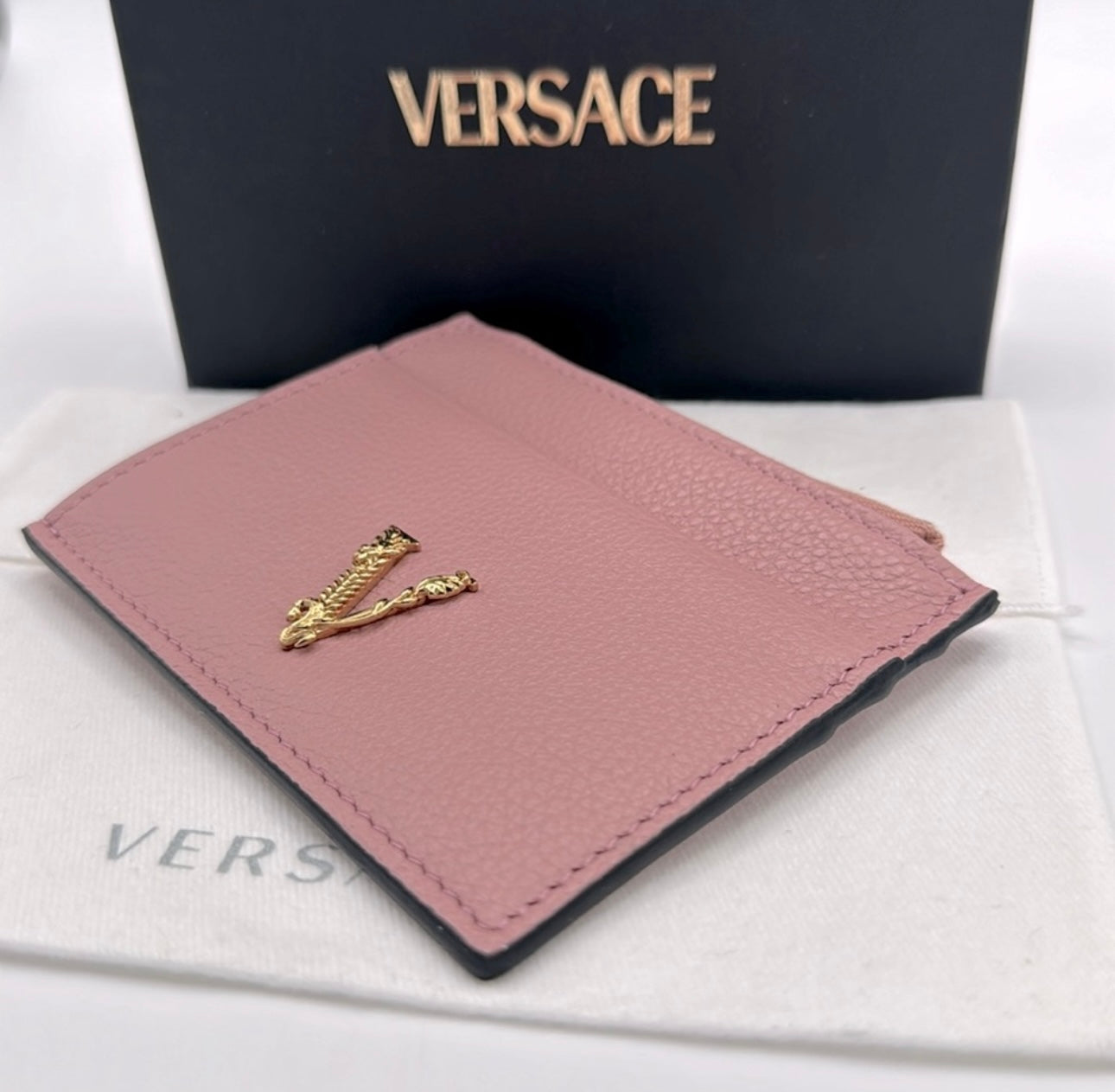 Versace Virtus logo grained leather card holder wallet NWB - Clairely Amazing