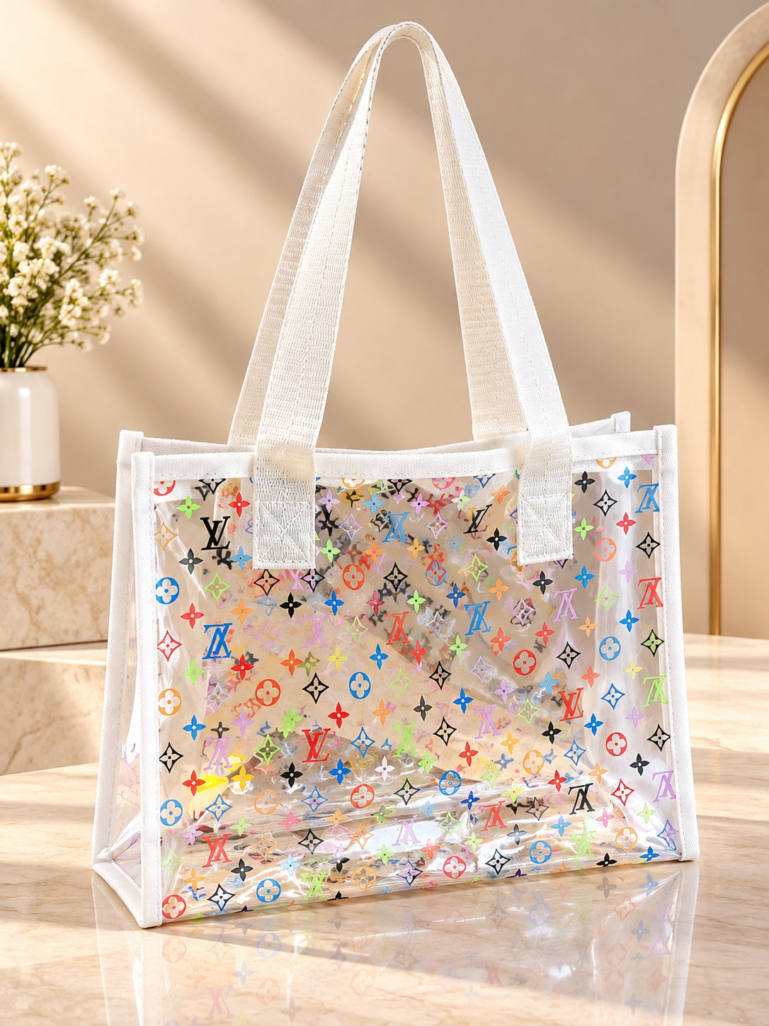 White multicolor clear monogram tote