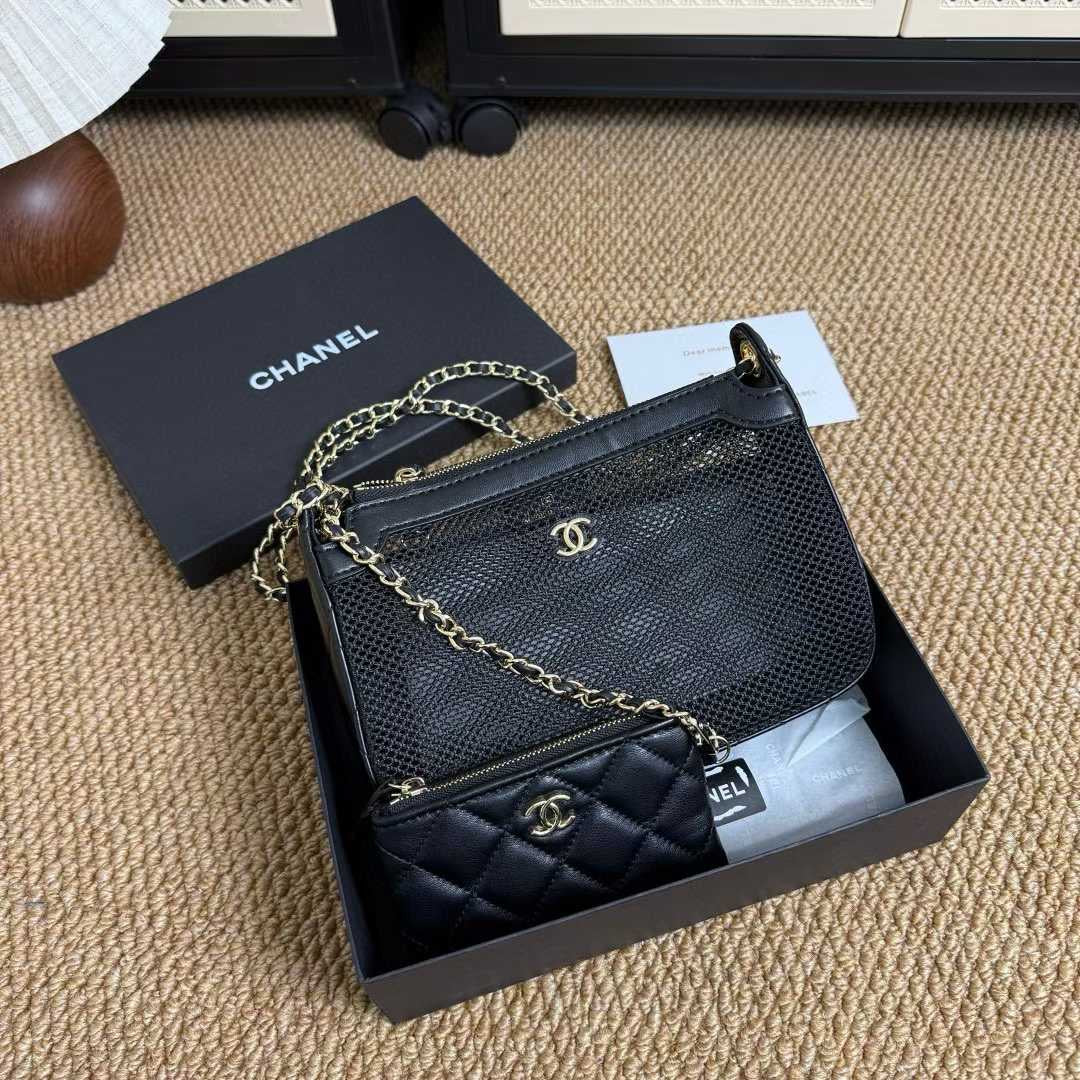 Mesh Shoulder Bag with Chain Strap – Black