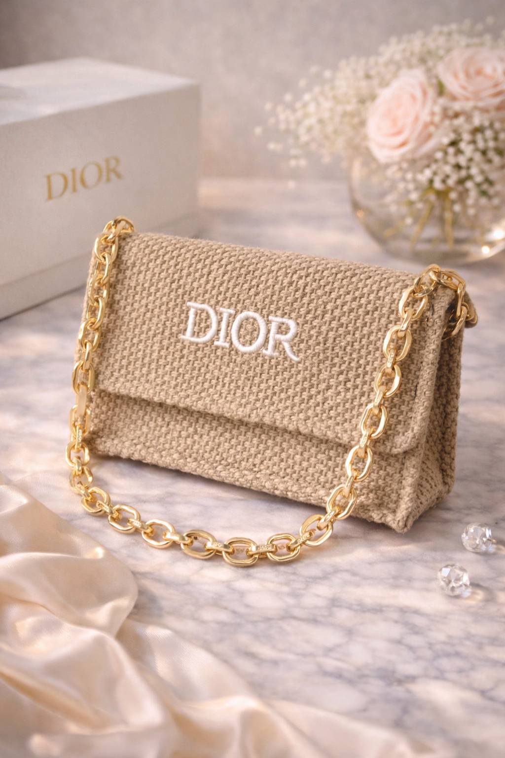 Dior Raffia Straw Shoulder Bag – Acrylic Chain Strap | GWP Edition