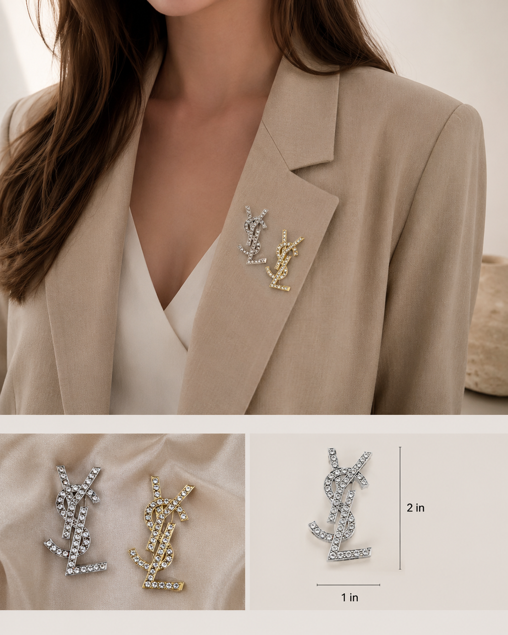 Crystal Monogram Style Brooch Pin – Gold or Silver Tone