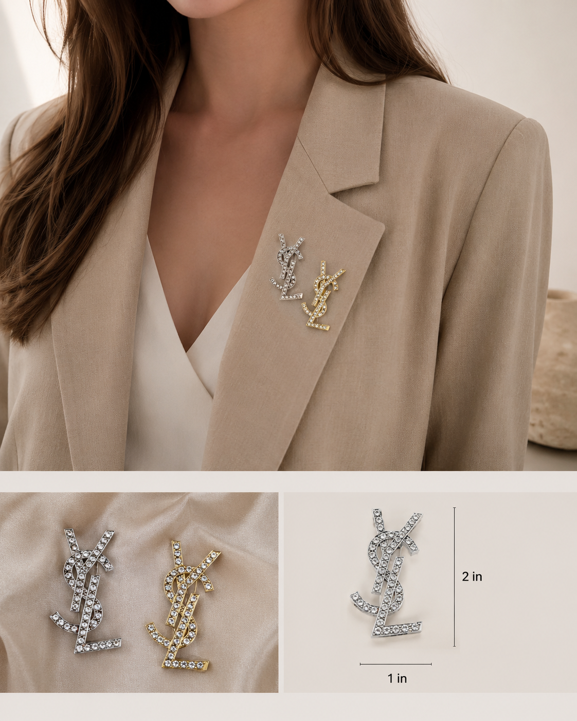 Crystal Monogram Style Brooch Pin – Gold or Silver Tone