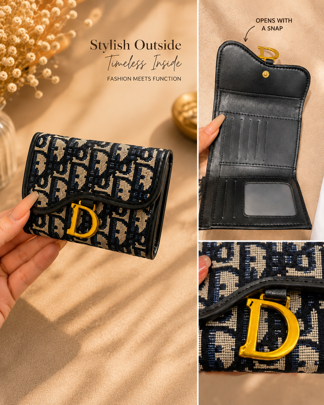 Fashion Luxury Inspired Jacquard Compact Wallet with Gift Box – Navy & Beige