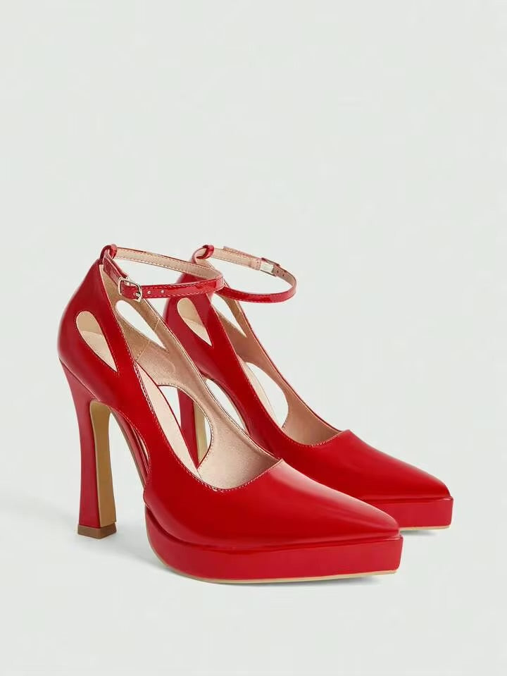 Women’s Red Pointed-Toe High Heels with Ankle Strap