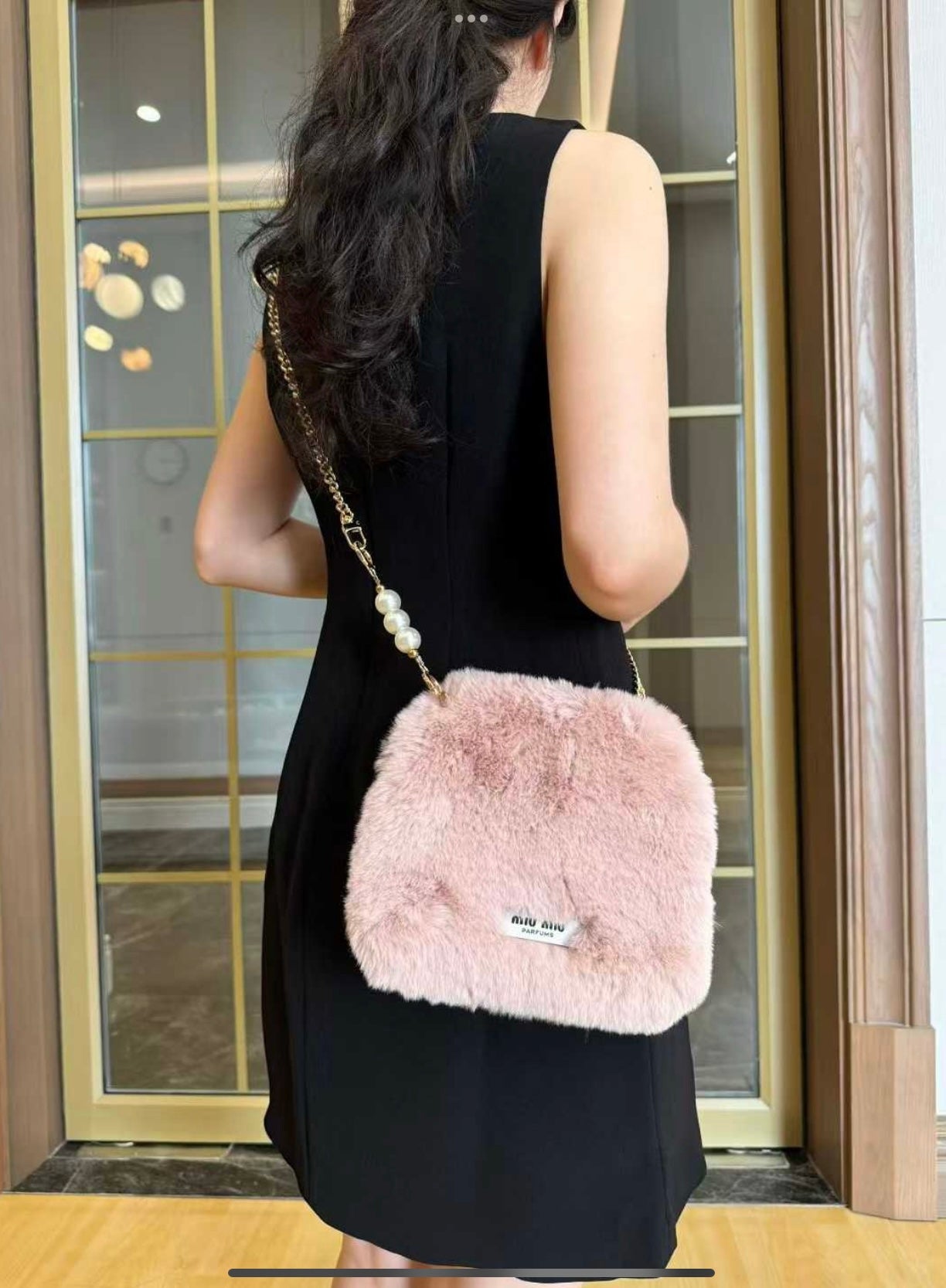 Miu Miu Faux Fur Shoulder Bag with Chain Strap – Blush Pink