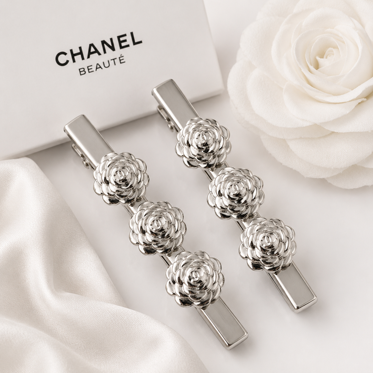 Chanel Beauté 2026 Limited Edition Silver Camellia Hairpin Set - GWP