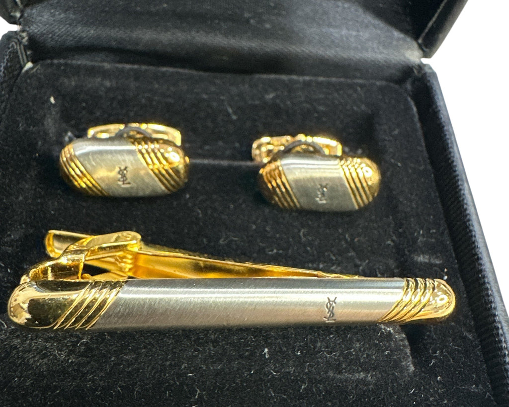 Yves Saint Laurent Vintage Two-Tone Logo Cufflink and Tie Pin Set - Clairely Amazing