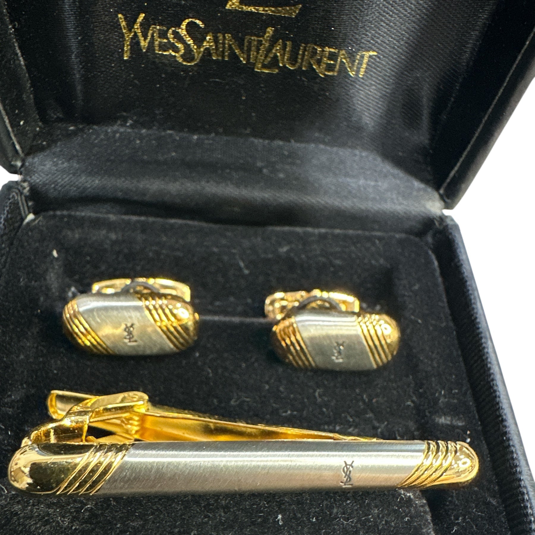 Yves Saint Laurent Vintage Two-Tone Logo Cufflink and Tie Pin Set - Clairely Amazing