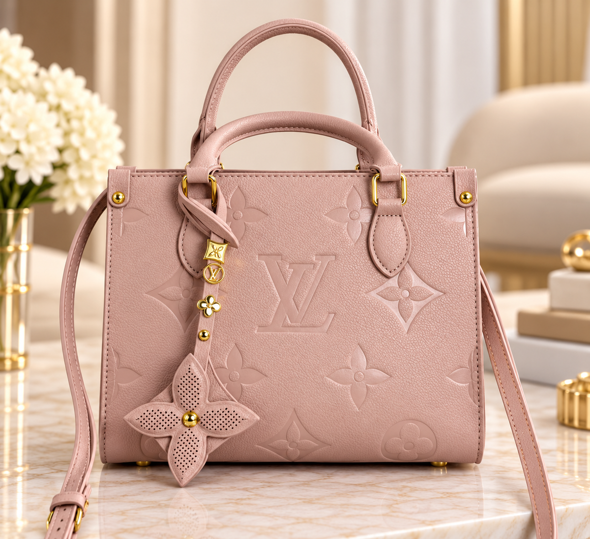 Embossed Floral Fashion Tote with Charm & Shoulder Strap