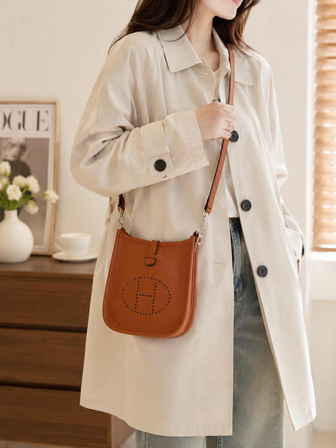 Fashion Inspired Perforated Mini Crossbody Bag | Camel Brown