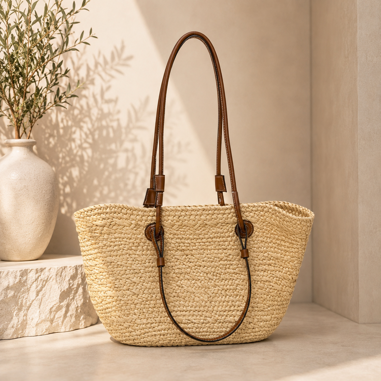 Fashion Raffia Woven Tote Bag with Wooden-Inspired Front Detail