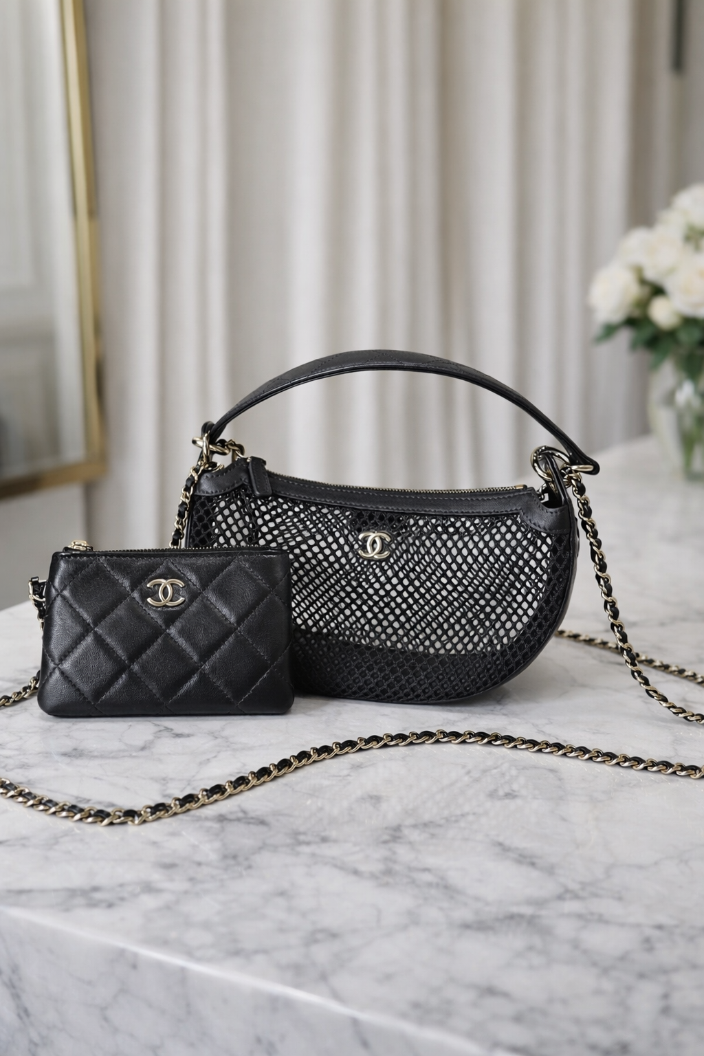 Mesh Shoulder Bag with Chain Strap – Black