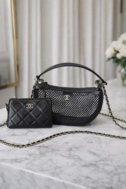 Mesh Shoulder Bag with Chain Strap – Black