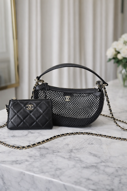 Mesh Shoulder Bag with Chain Strap – Black