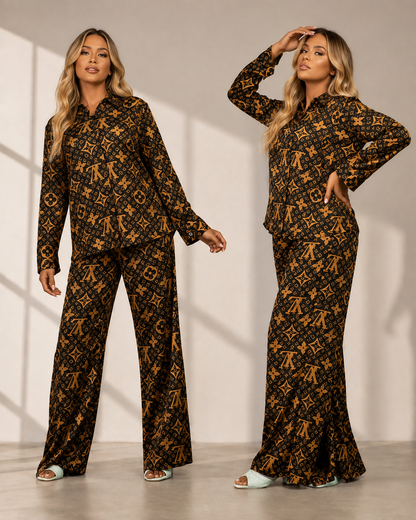Brown & Mustard Monogram-Inspired Two-Piece Pant Set