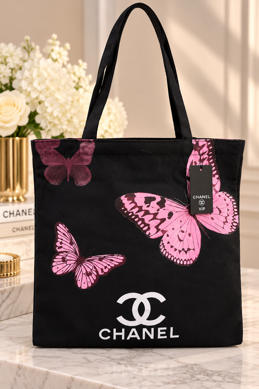Chanel GWP Black & Pink Butterfly Shoulder Tote Bag | Black Handles