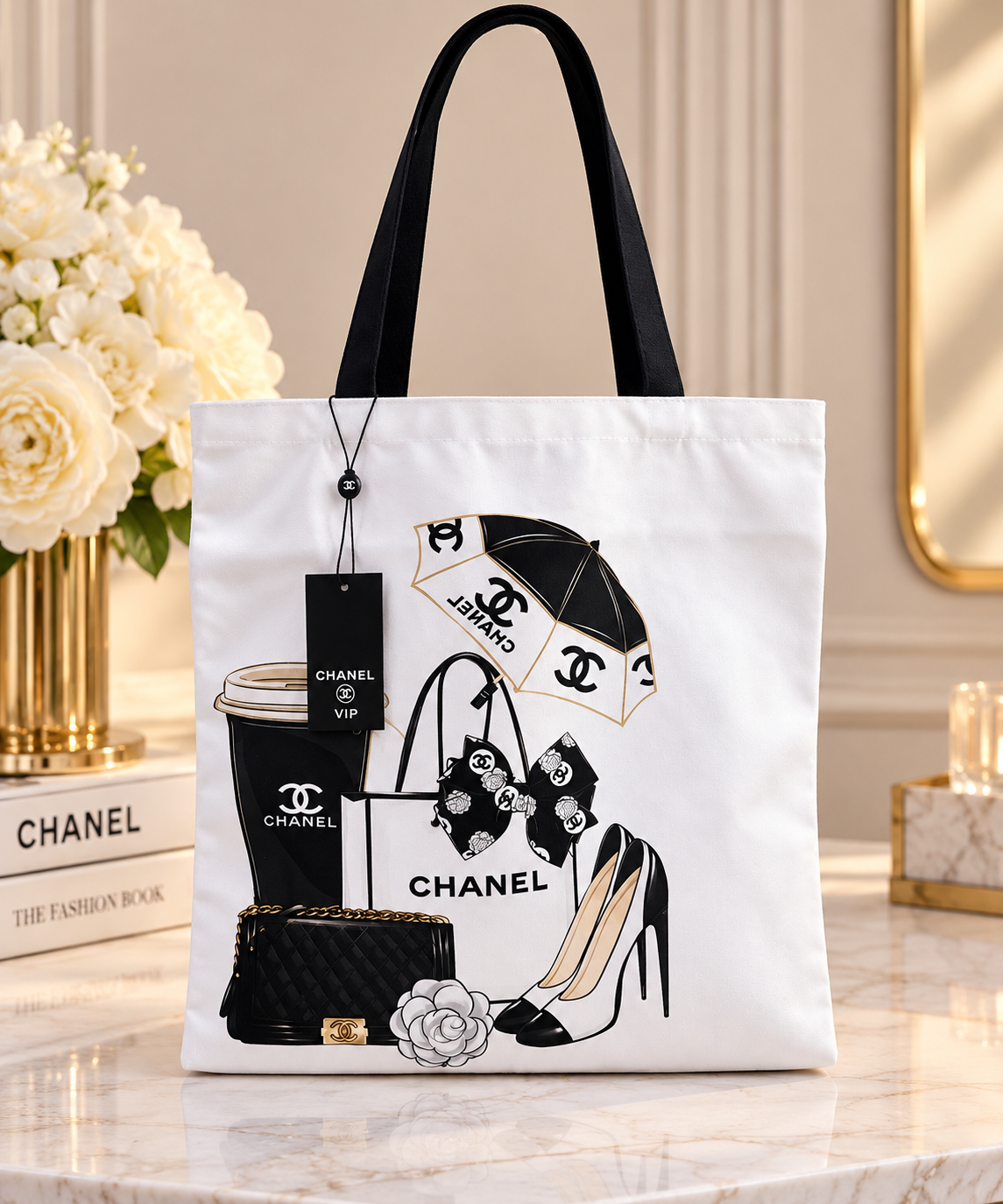 Chanel GWP White Fashion Illustration Shoulder Tote Bag | Black Handles