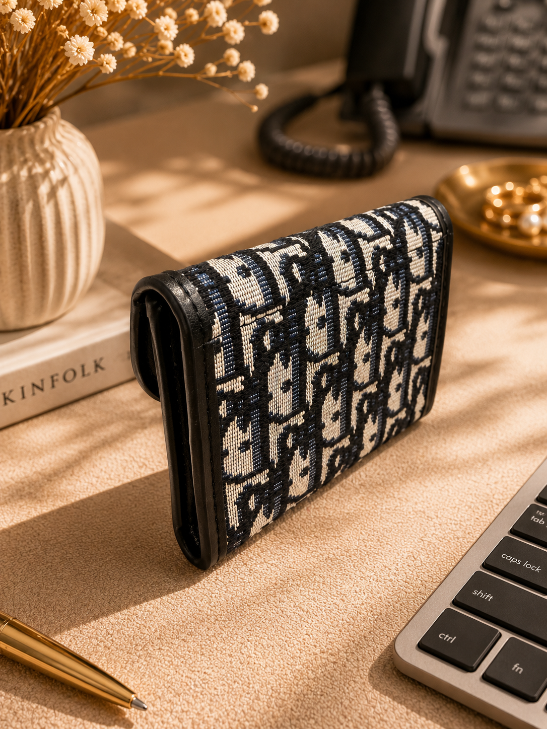 Fashion Luxury Inspired Jacquard Compact Wallet with Gift Box – Navy & Beige