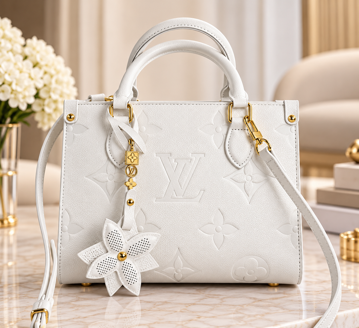 Embossed Floral Fashion Tote with Charm & Shoulder Strap
