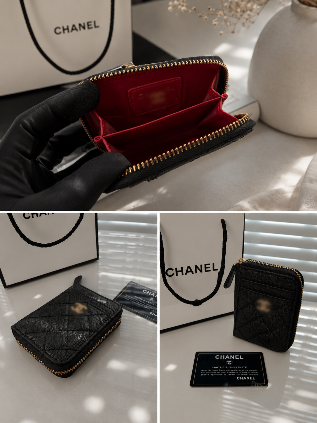 Luxury Quilted Zipper Cardholder Wallet – Black & Red Interior (GWP Edition)