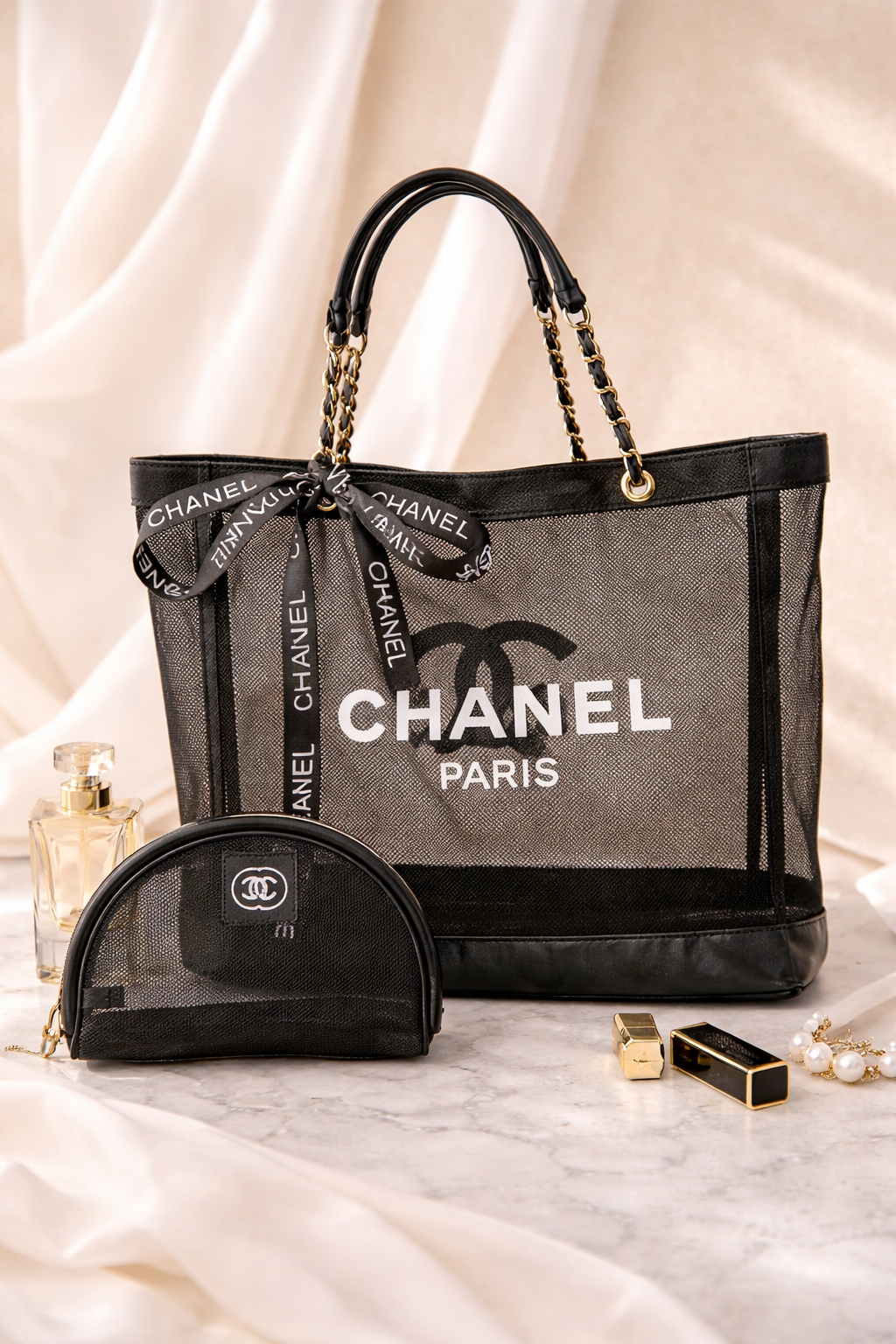 Chanel Beauty GWP Mesh Tote Bag with Matching Cosmetic Pouch Set (2-Piece)