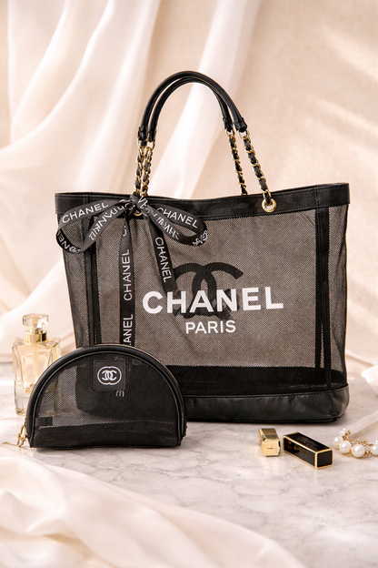 Chanel Beauty GWP Mesh Tote Bag with Matching Cosmetic Pouch Set (2-Piece)
