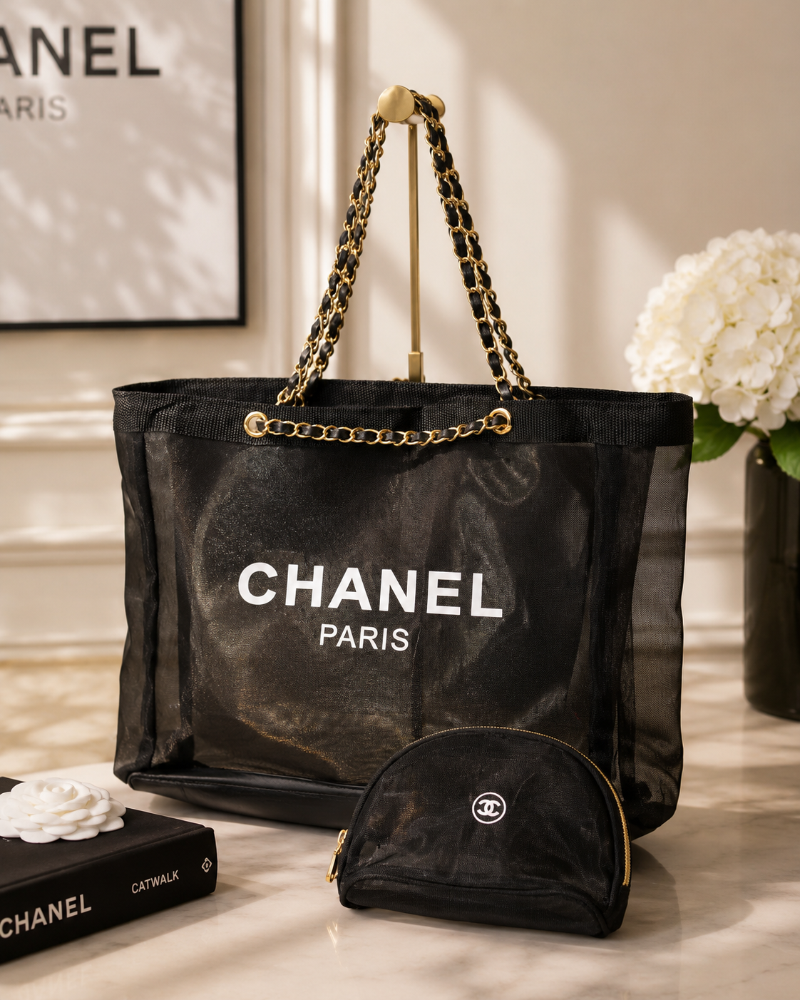 Chanel Beauty GWP Mesh Tote Bag with Matching Cosmetic Pouch Set (2-Piece)