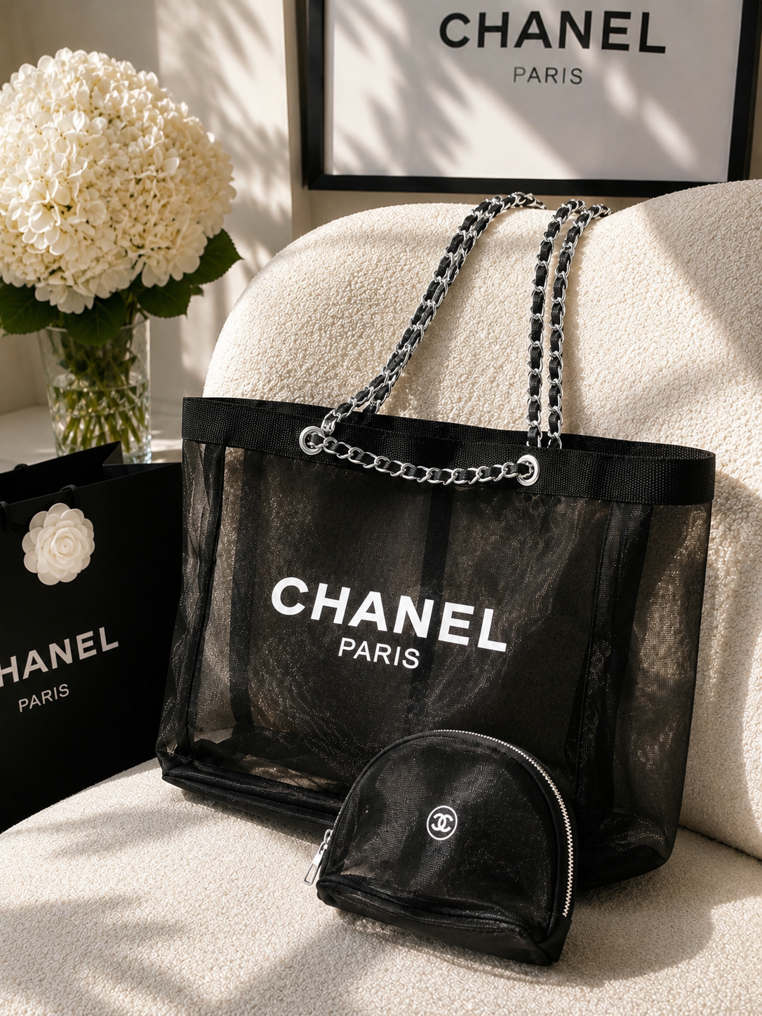 Chanel Beauty GWP Mesh Tote Bag with Matching Cosmetic Pouch Set (2-Piece)